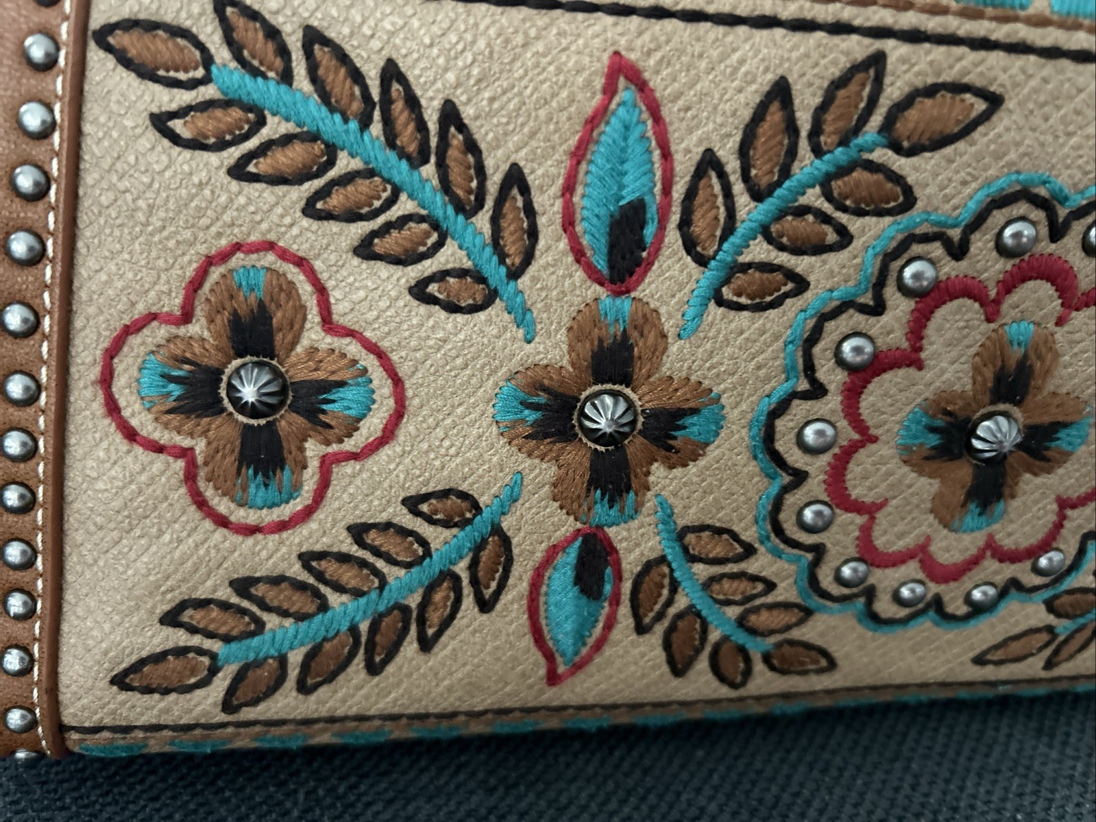 Montana West Purse Vintage Embroidered Studded Satchel Bag Turquiose