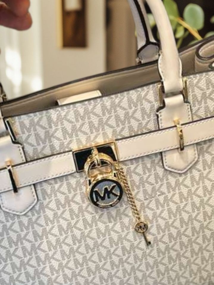 Michael Kors Hamilton Women Medium MK Logo Print Satchel Bag Light Cream Multi