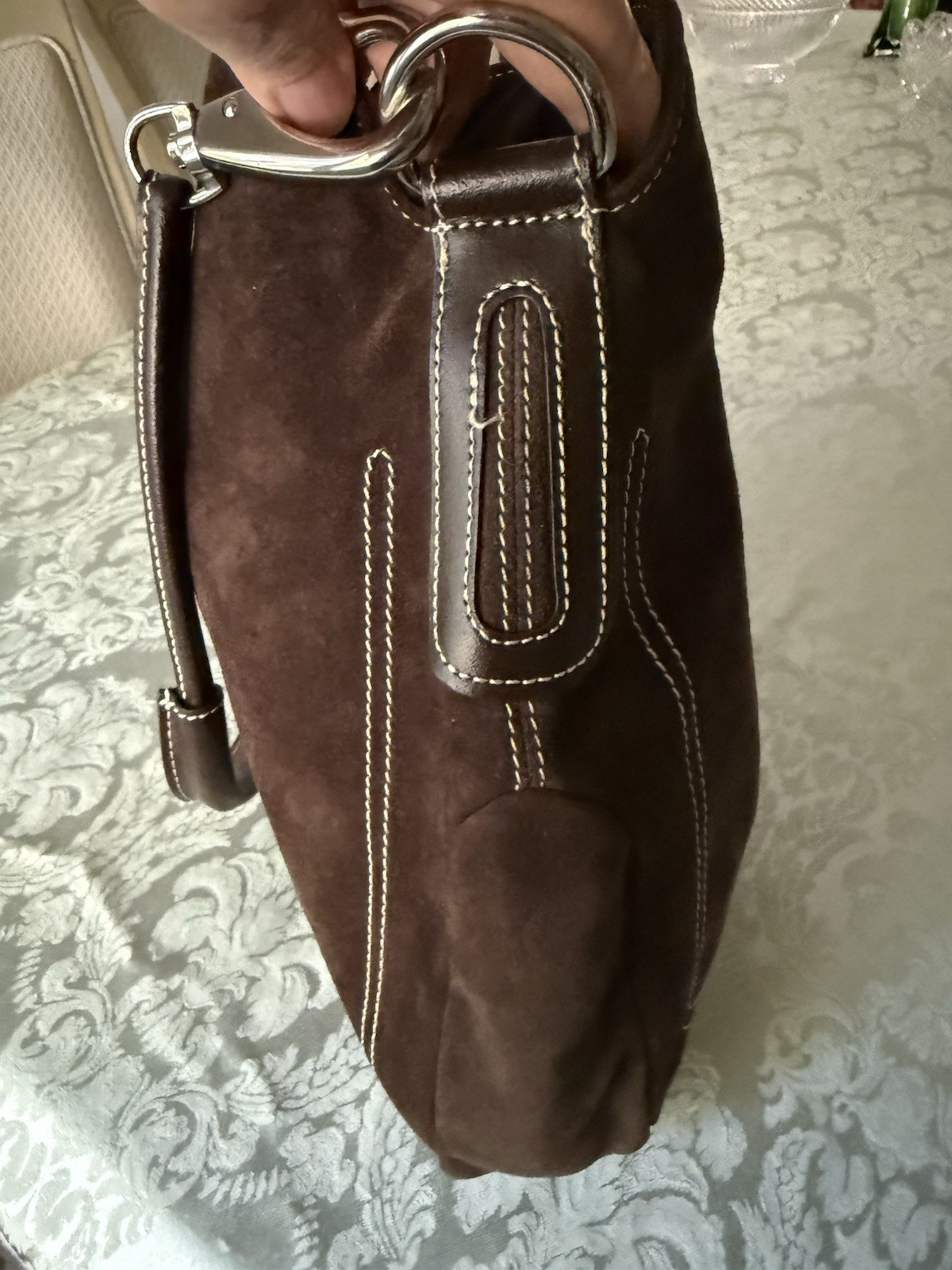 Italian Suede Leather Nero Bianco Mini Tote Brown Shoulder Bag Boho 1 Handle