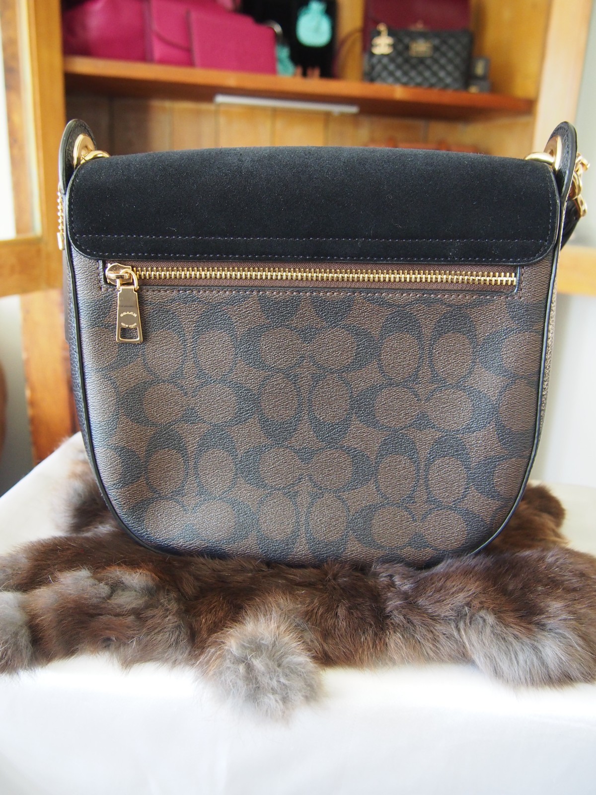Coach Kleo Shoulder Bag Signature Canvas Brown w/ Black Suede Gold Hardware