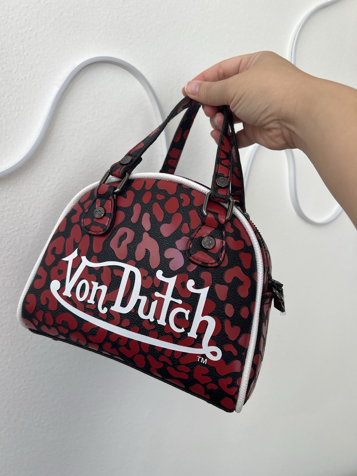 Von Dutch Red Cheetah Print Mini Bowler Satchel Handbag NWT Y2K