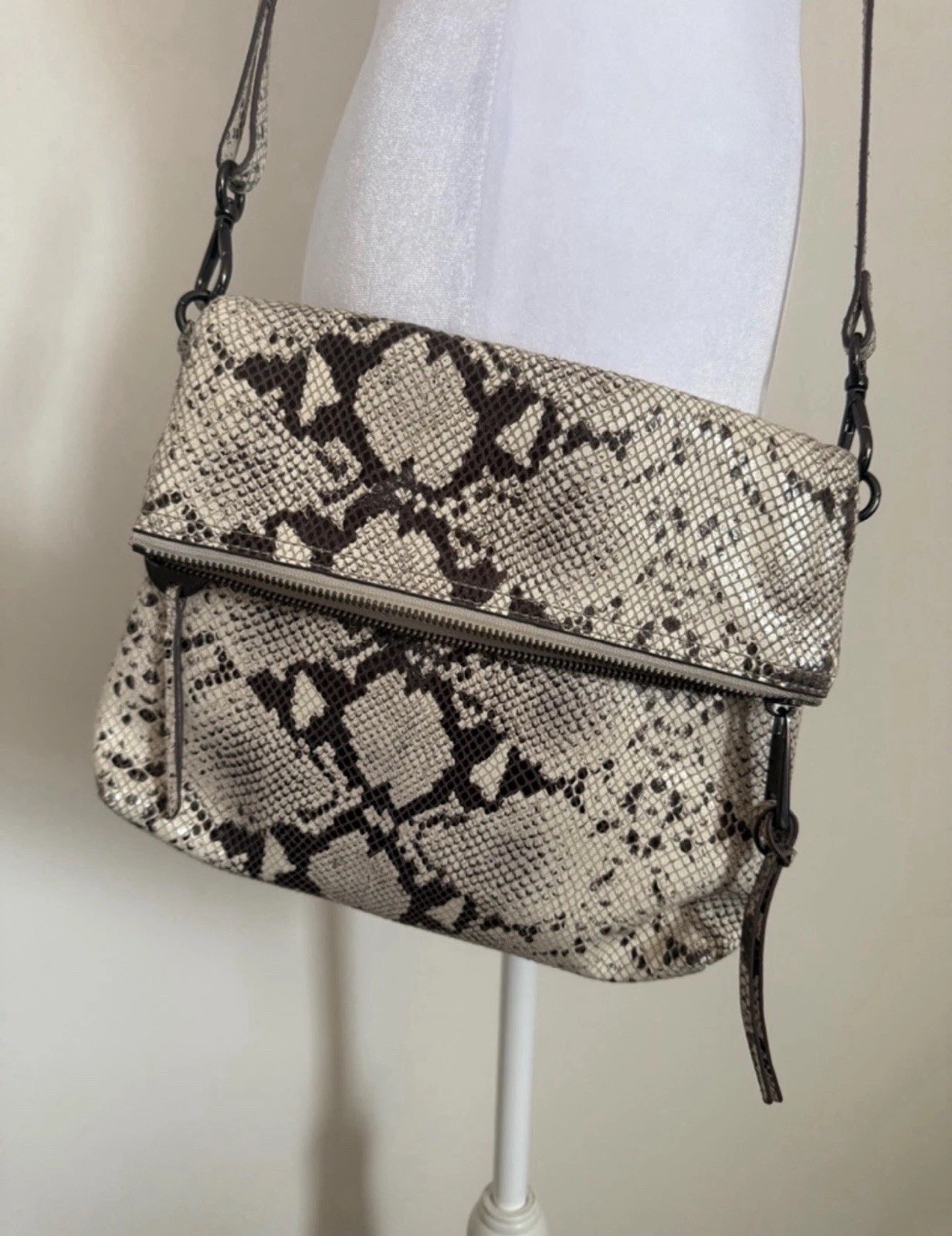 Margot Snakeskin Animal Print Crossbody Bag Beige Black Zip leather