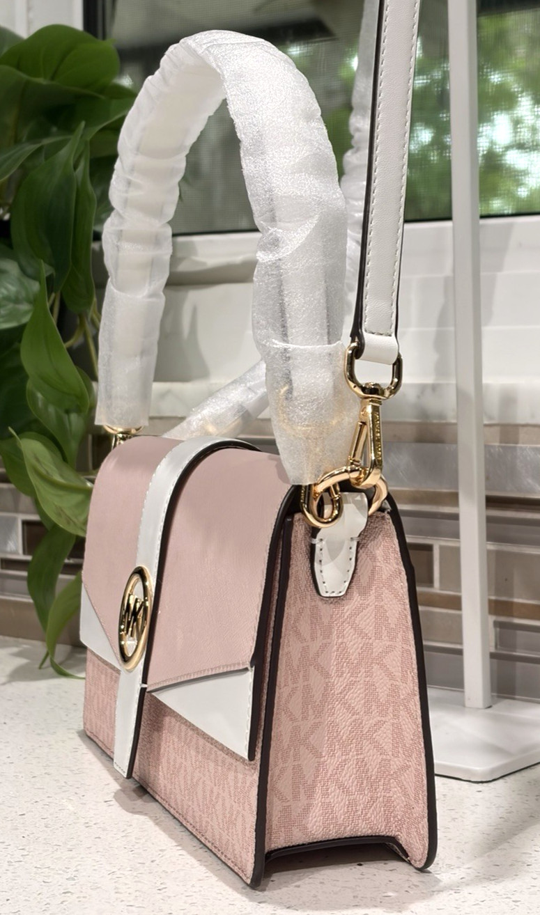 MICHAEL KORS GREENWICH MEDIUM FLAP SHOULDER CROSSBODY BAG MK BLUSH PINK LOGO
