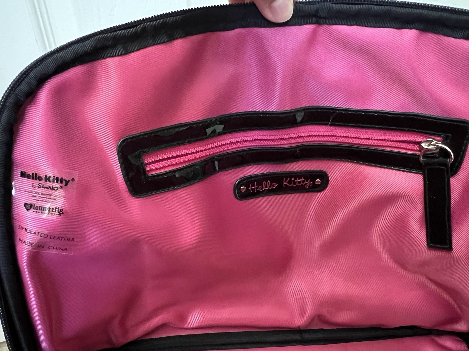 LOUNGEFLY Hello Kitty Faux Patent Leather Embossed Satchel with Pink Bow Tag