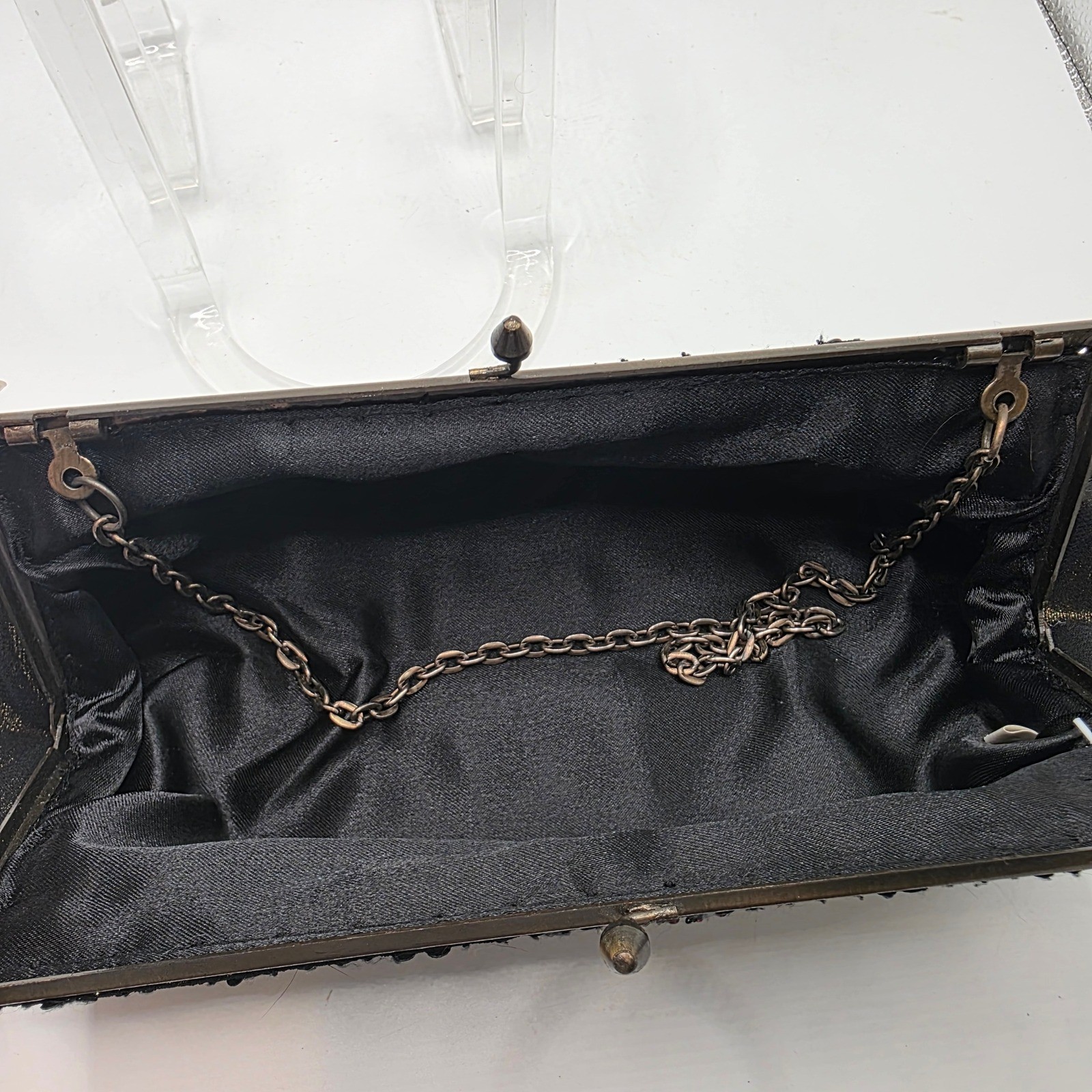 Vintage Style Black Sequin Floral Beaded Kiss Lock Evening Clutch Shoulder Bag