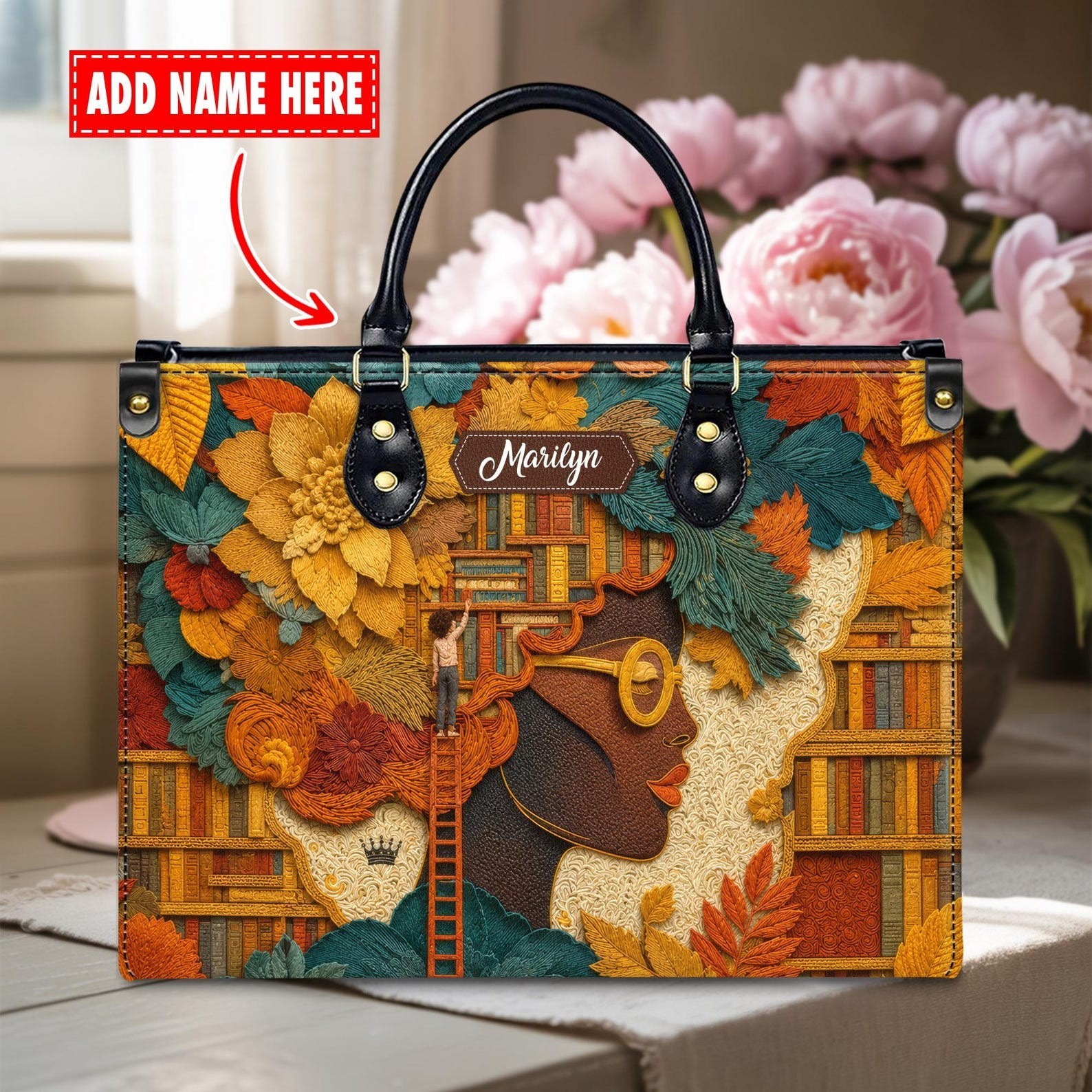 Personalized Faux Embroidery Book Lover Leather Handbag, Custom Name Librarian L