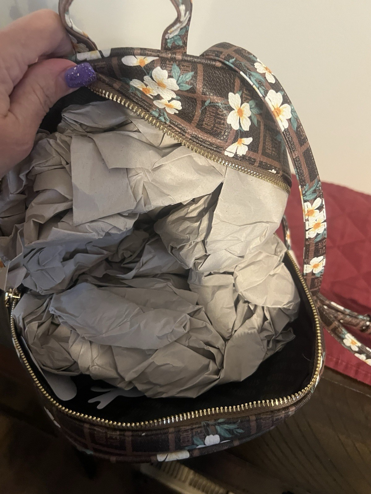 Steve Madden Brown Floral Mini Backpack Zip Closure Gold Hardware Inner Pockets