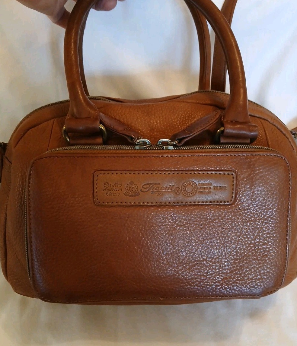 Fossil Brown Leather Cargo Saddlebag Double Handles w Extea Strap #75082 Purse