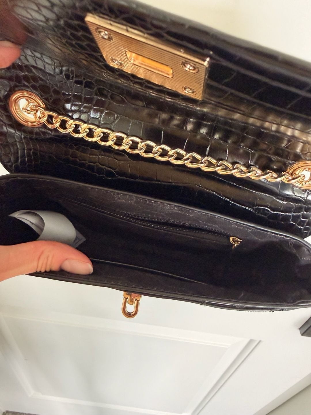 ALDO Black Croc-Embossed and Suede Crossbody Bag with Gold Tone Hardware