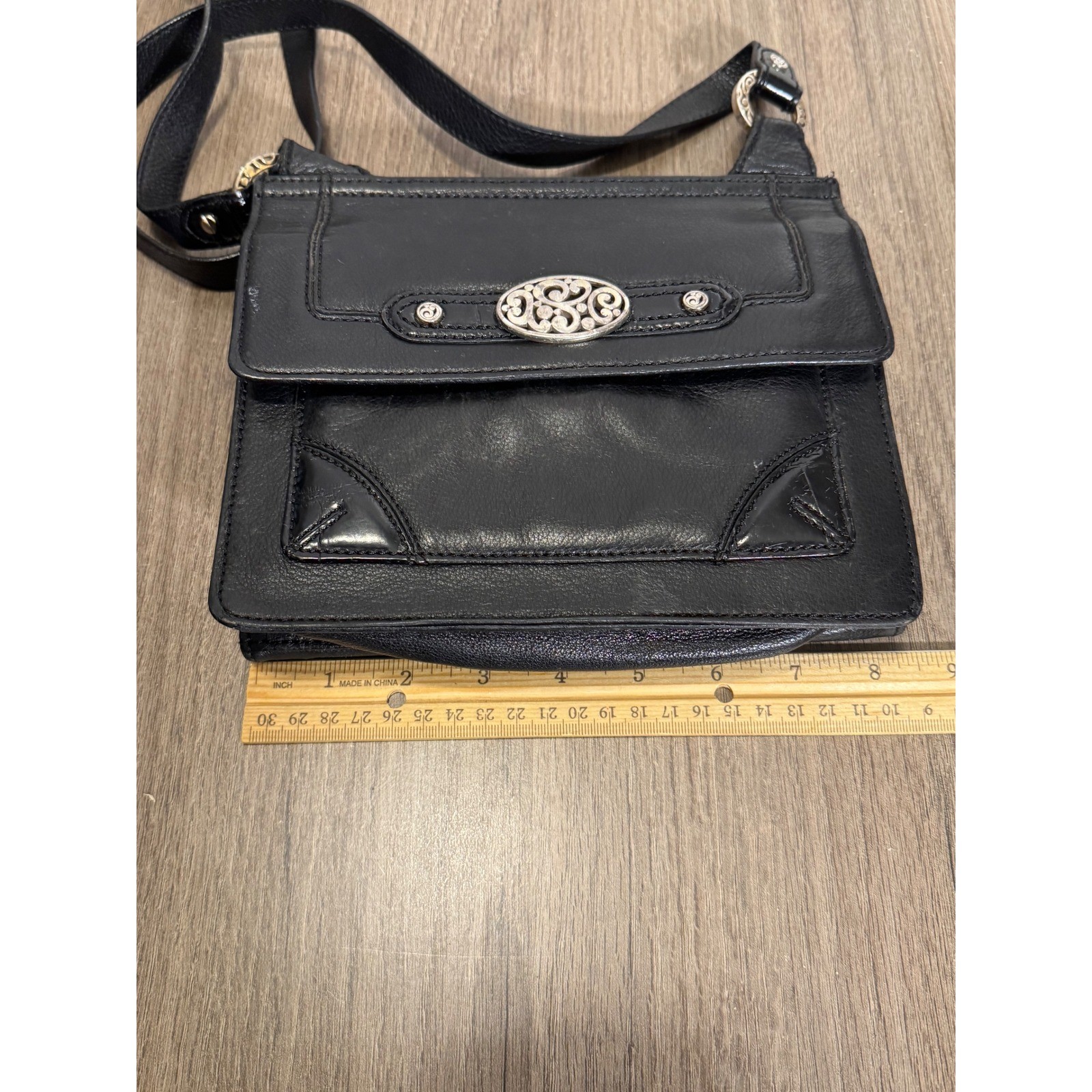 Brighton Contemporary City Black Leather Crossbody Bag Ornate Silver Medallion