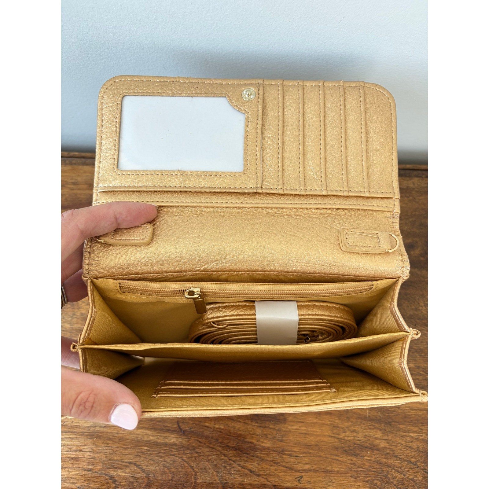 K. Carroll Accessories Gold Metallic Vegan Leather Crossbody Wallet Clutch Bag