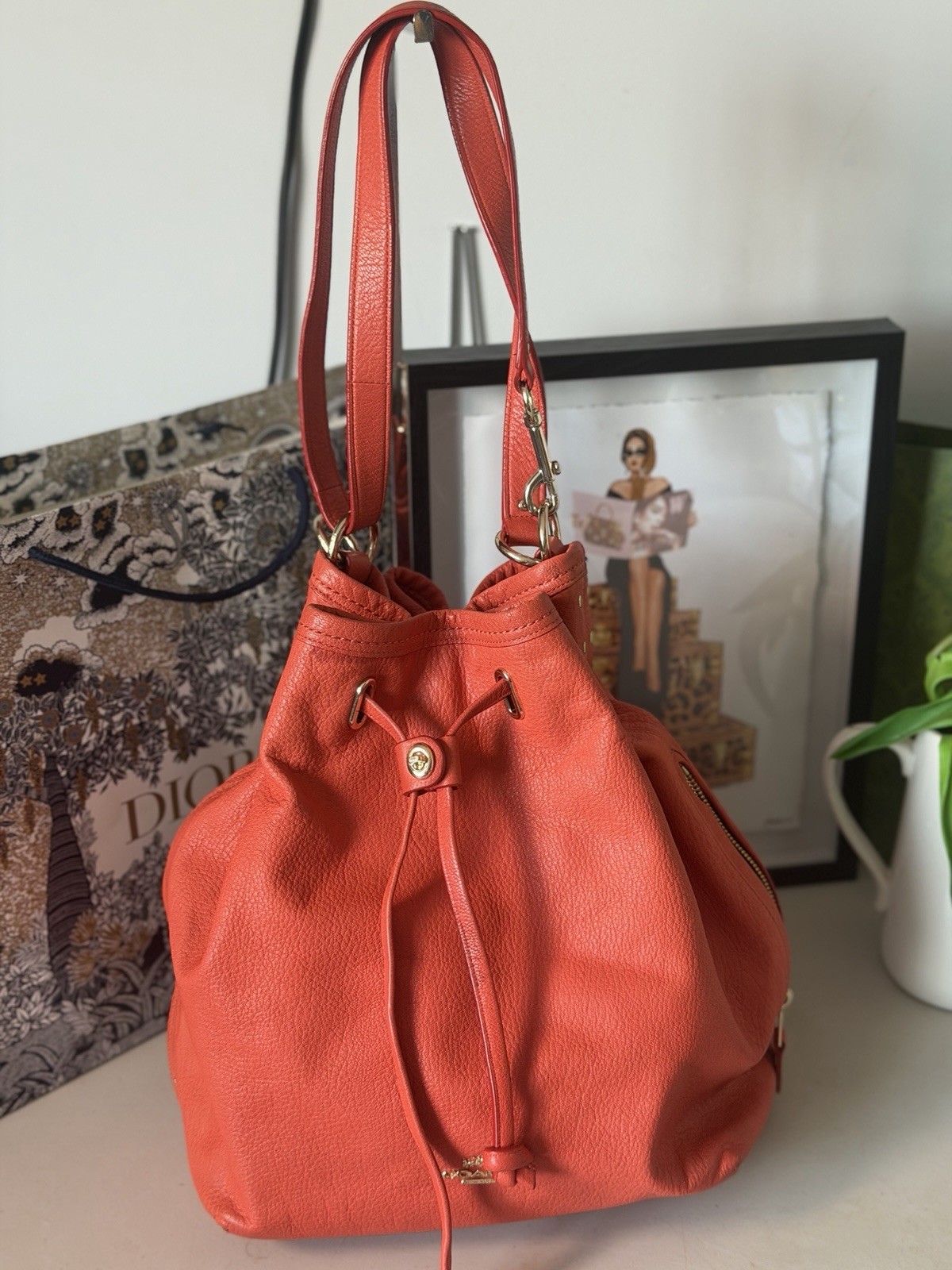 Coach Turnlock Tie Bucket Bag Coral Pebbled Leather Drawstring Shoulder Purse
