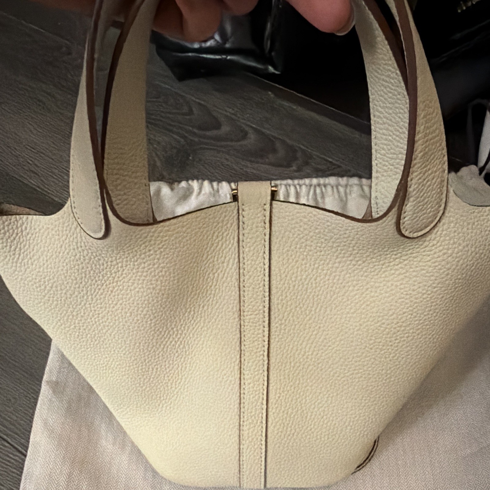 Beige Small Bucket Top Handle Bag Buckle Closure Gold Hardware +Dust Bag