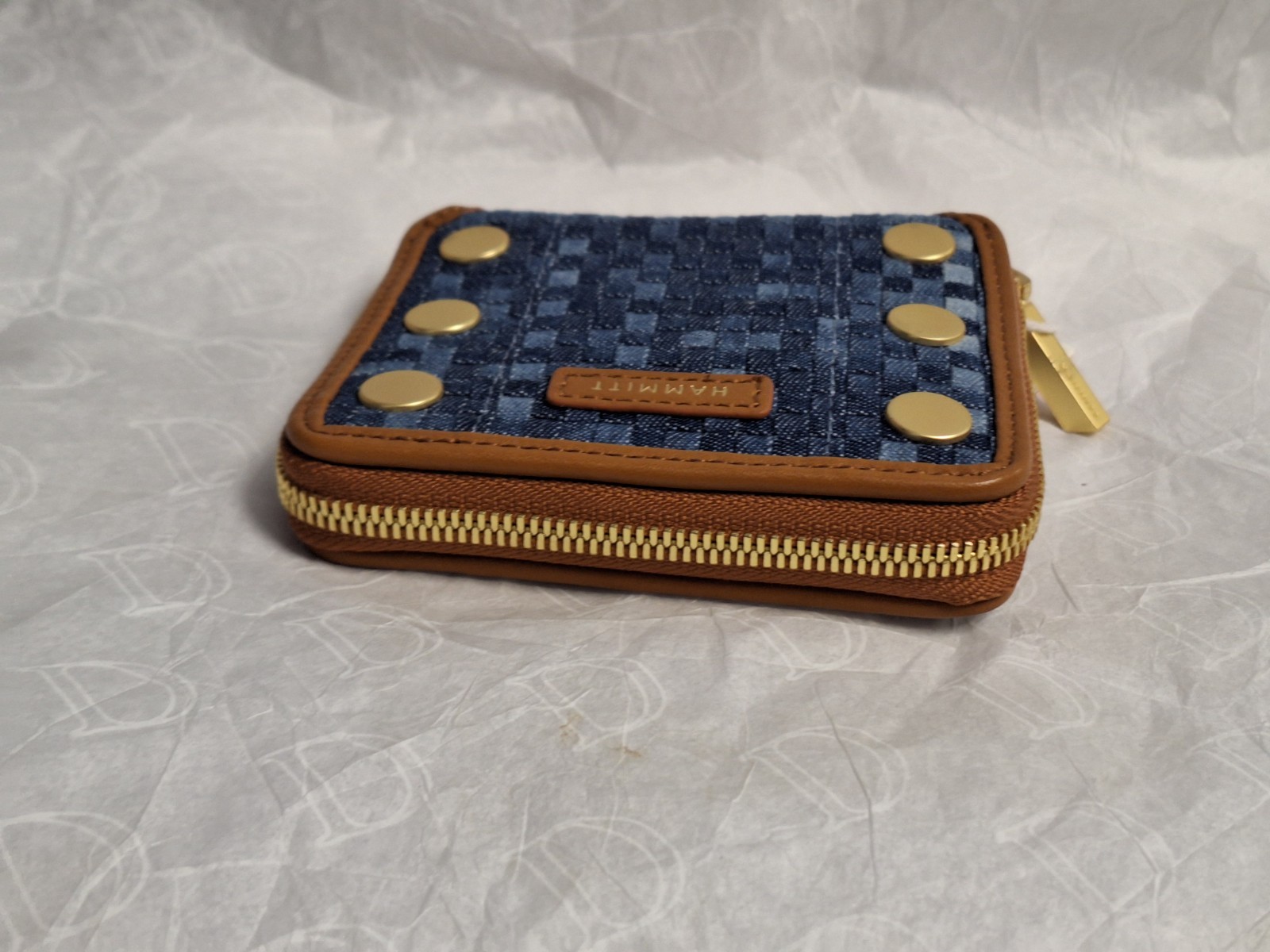 Hammitt Mosaic Denim and Tan Leather North Gold Studded Wallet