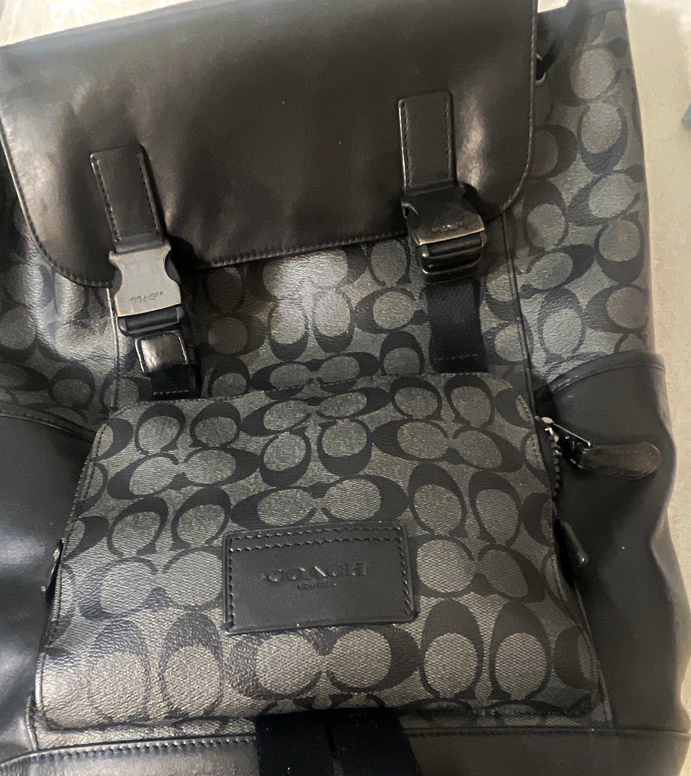 Coach Signature Monogram Backpack Black/Gray Buckle Flap Zip, Adjustable Straps