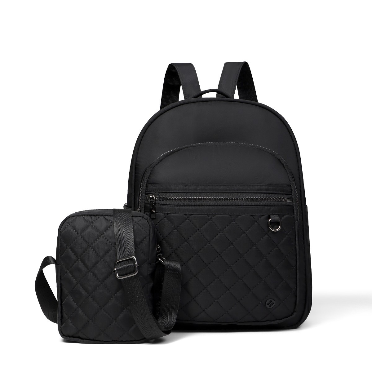Black Backpack & Quilted Crossbody Bag for Women Daily Use, 2-Piece Set