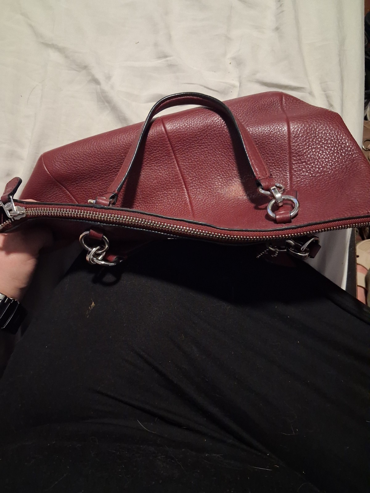 Coach Pebbled Burgundy Satchel Top Handle Bag, Zipper, Logo Tag, Women