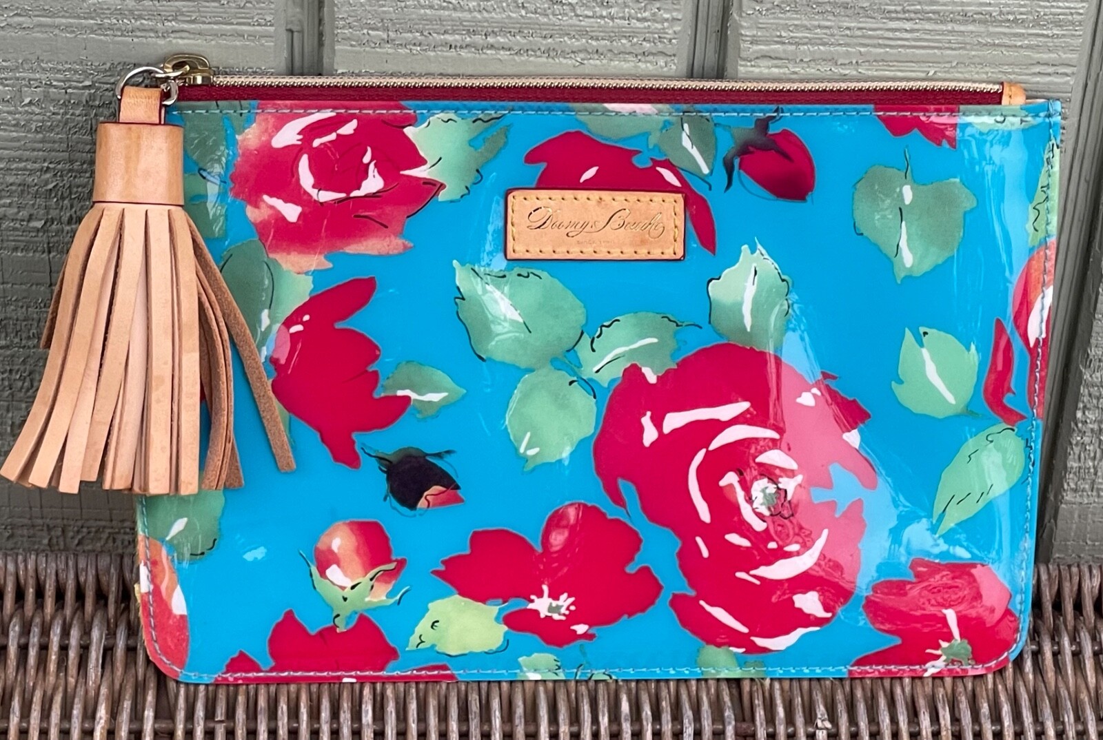 Dooney & Bourke Blue Red Cabbage Rose Carrington Pouch Clutch Tassle Makeup Bag