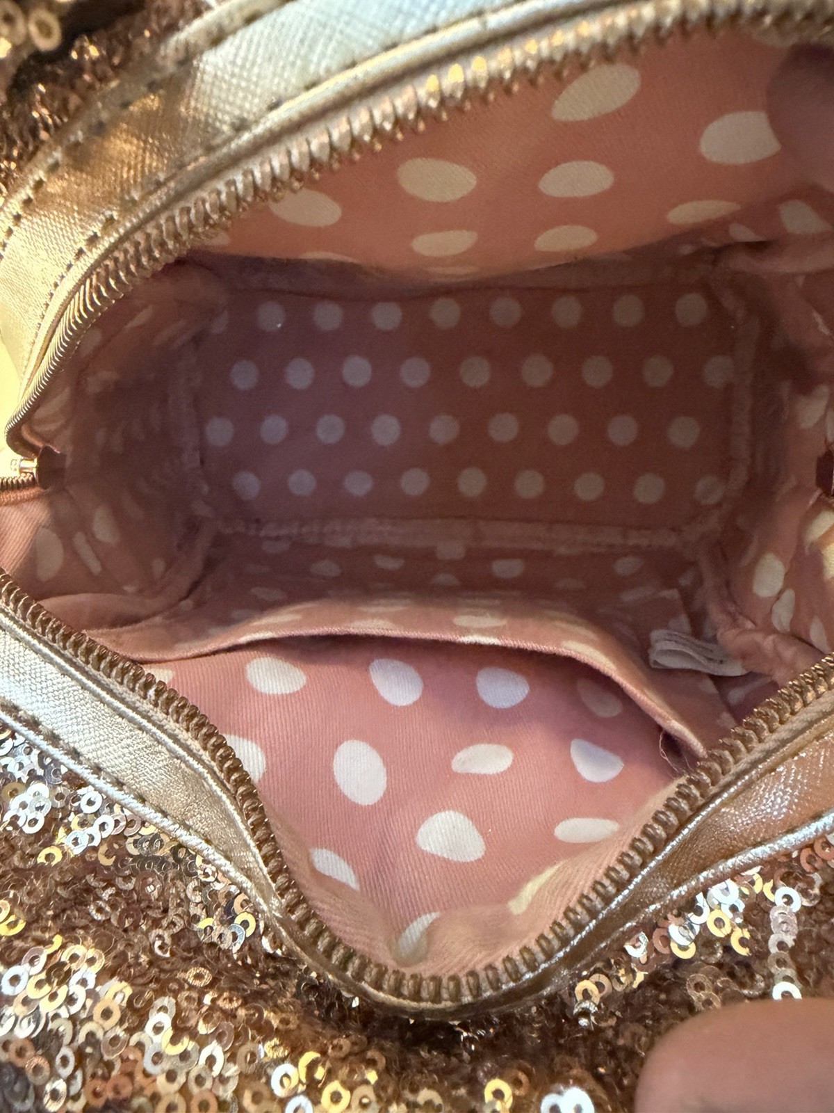 Loungefly Disney Parks Gold Sequin Bow Mini Backpack Pink Polka Dot Lining