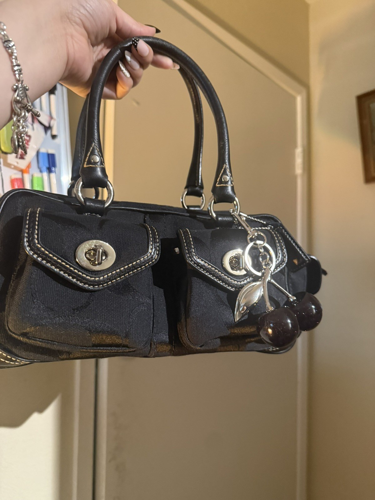 COACH Legacy Turnlock Mini Boston Bag Hand Bag Canvas Leather Black w/ Dust Bag