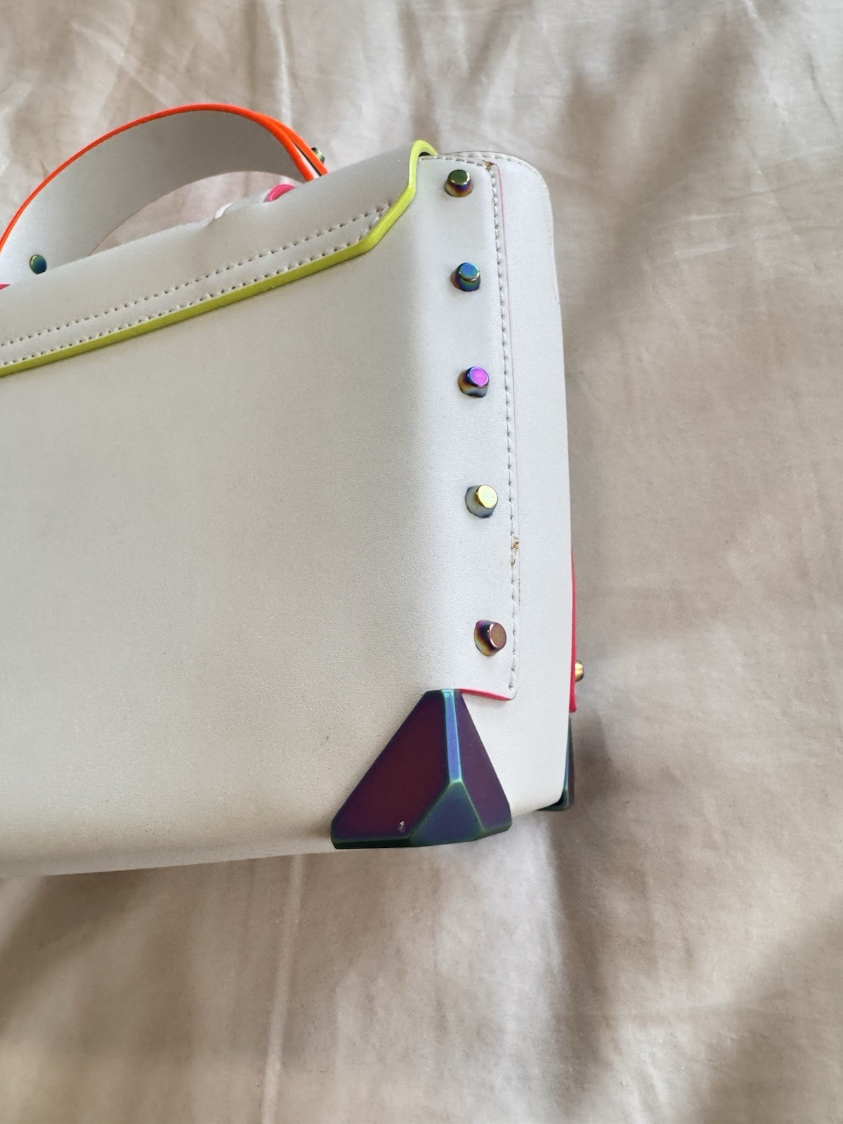 Michael Kors Manhattan Satchel Optic White Rainbow Stud Leather Bag