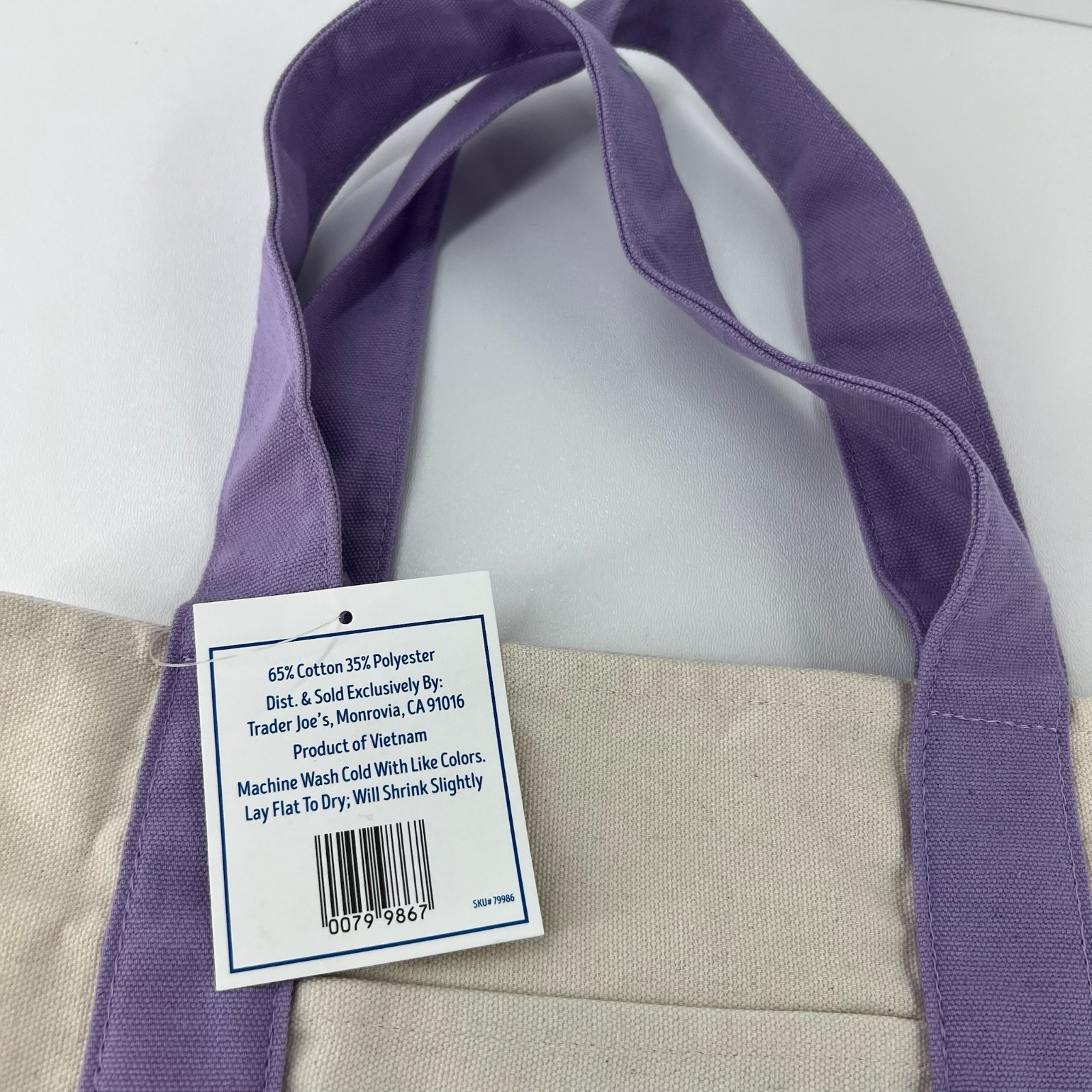Trader Joes Mini Pastel Canvas Tote Bag Shopper Handbag Pocket Logo Purple Beige