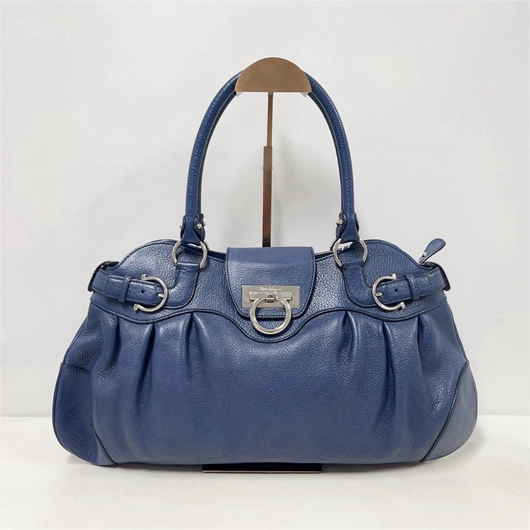 Salvatore Ferragamo Blue Pebbled Satchel Top Handle Zip Silver Hardware Buckle