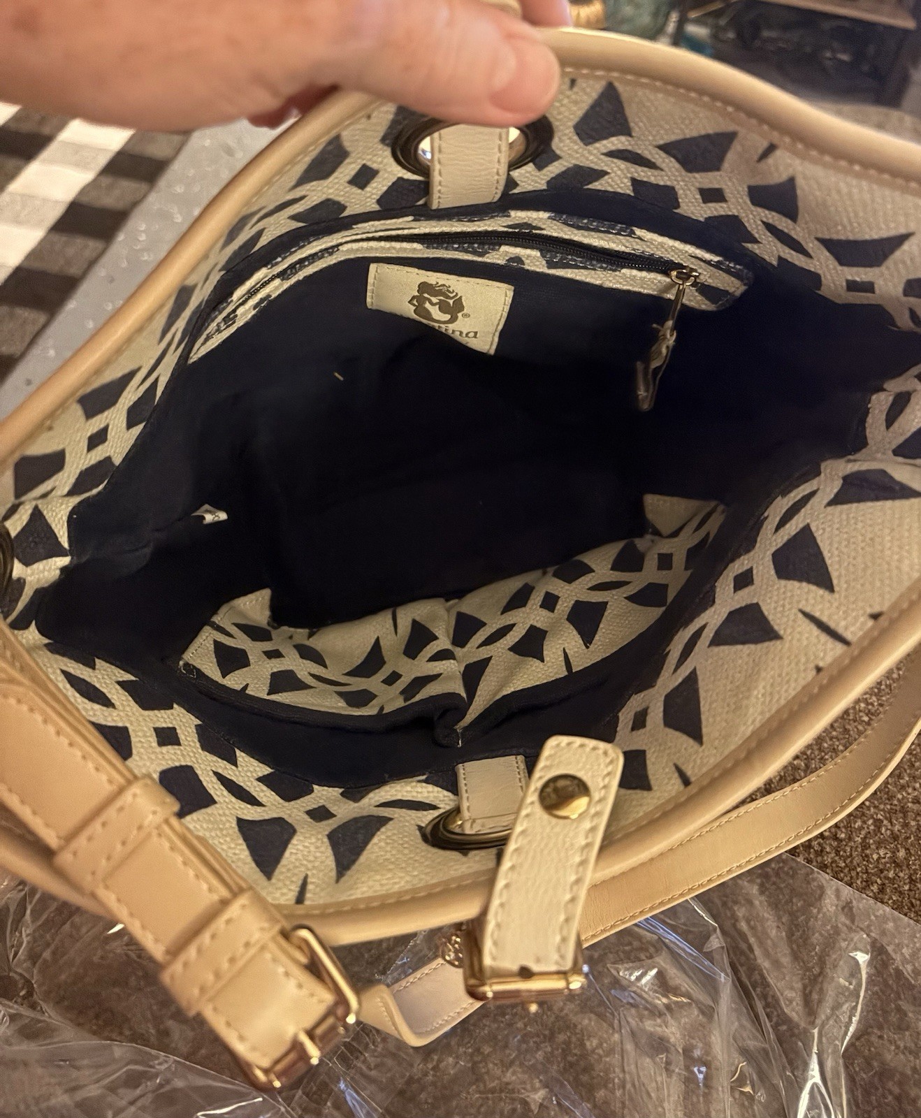Spartina Geometric Blue/Beige Crescent Shoulder Bag Detachable Strap Magnetic