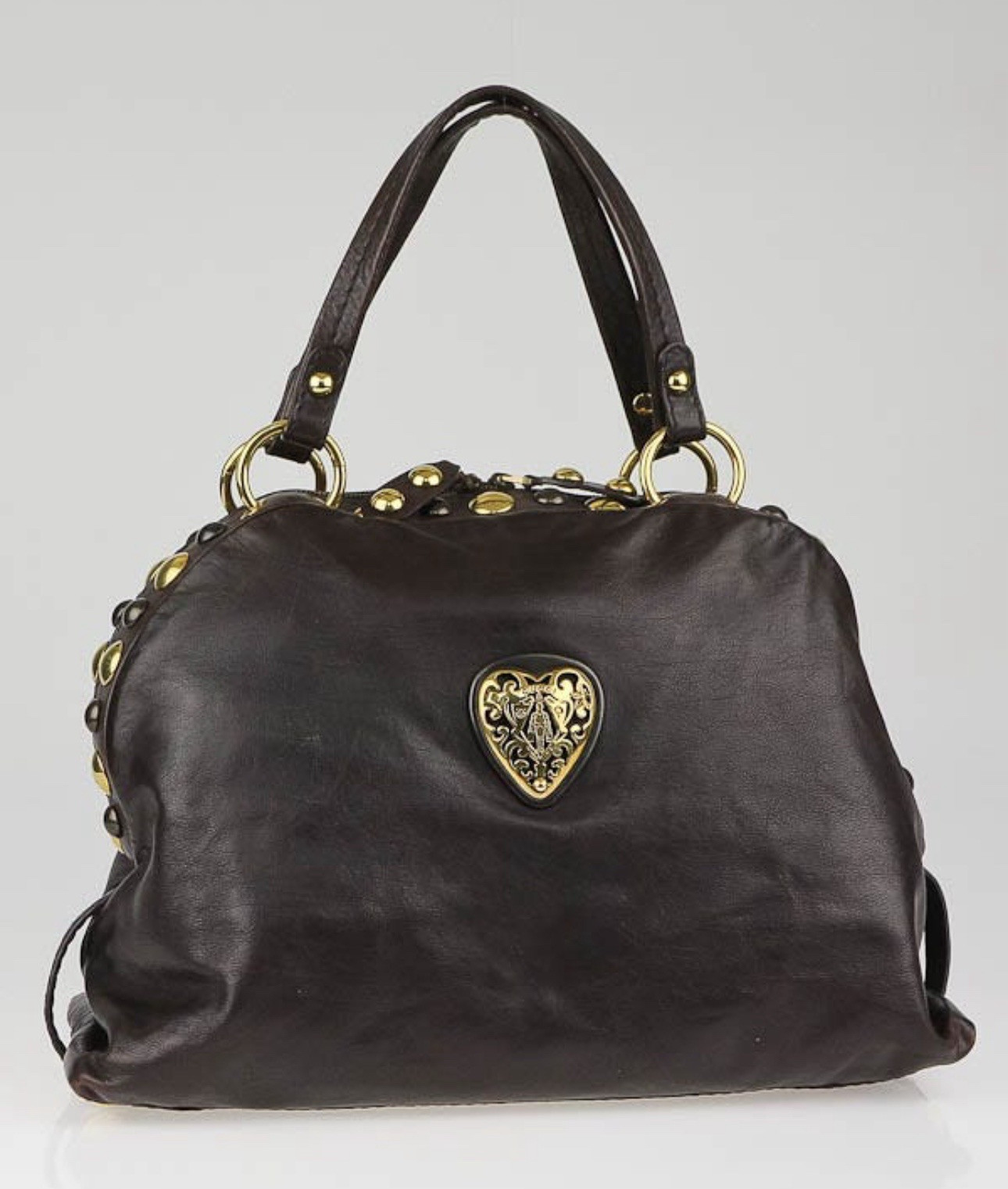 RARE GUCCI CALF LEATHER BABOUSKA DOME HEART SATCHEL STUDS BAG CHOCOLATE BROWN