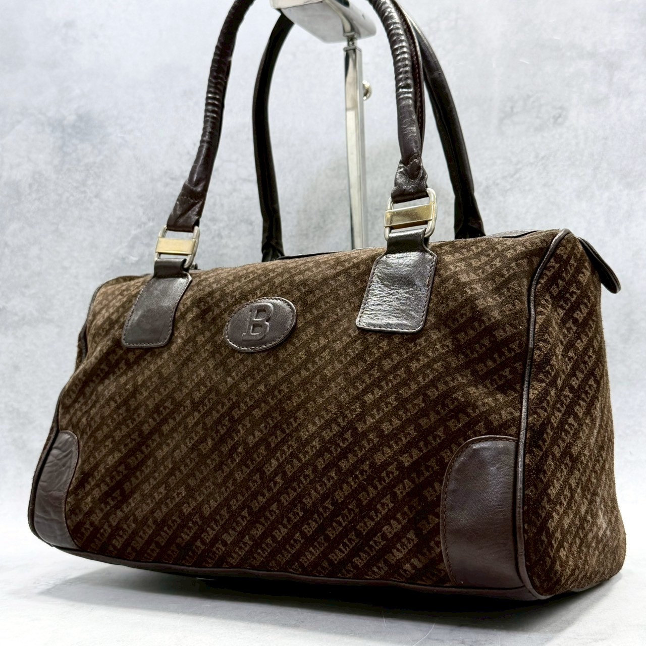 Bally Brown Suede Mini Boston Bag Allover Logo Top Handle Y2K Italy Women Bag