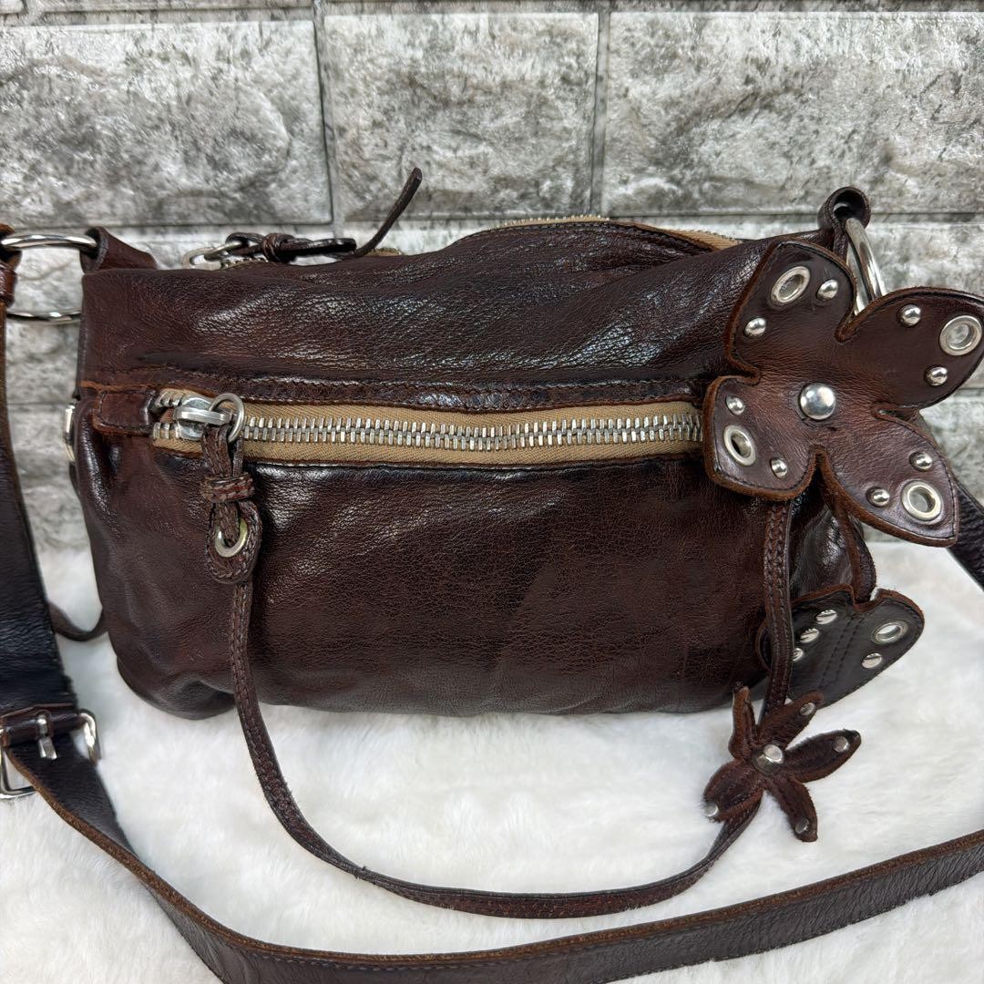 Miu Miu Vintage Leather Shoulder Bag Dark Brown Studded Auth