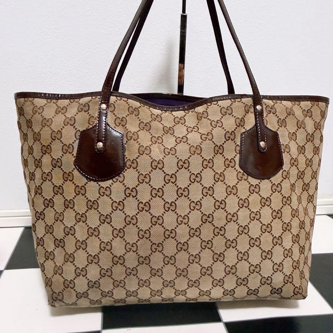 Gucci Beige Brown GG Monogram Canvas Tote Bag Leather Trim Double Handle Handbag