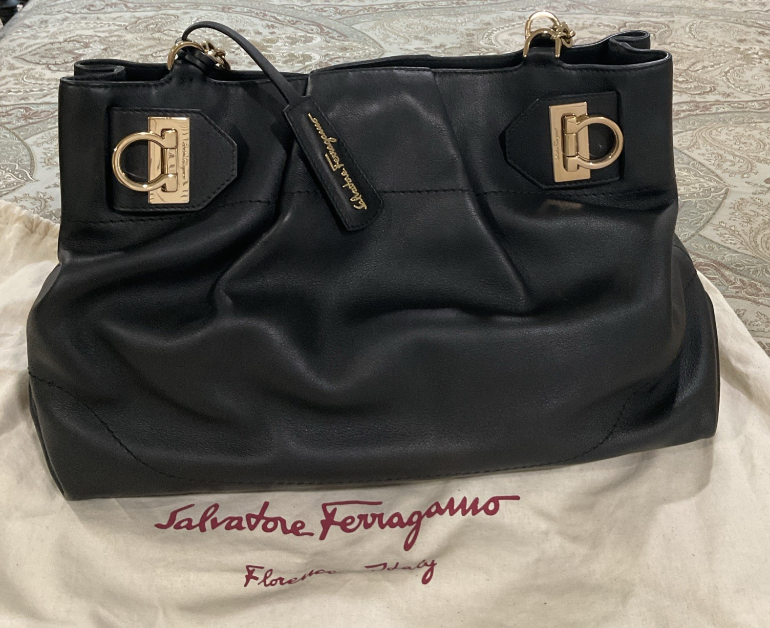 ferragamo Gancini Black Leather Shoulder Bag W Gold Hardwear In Dust Bag
