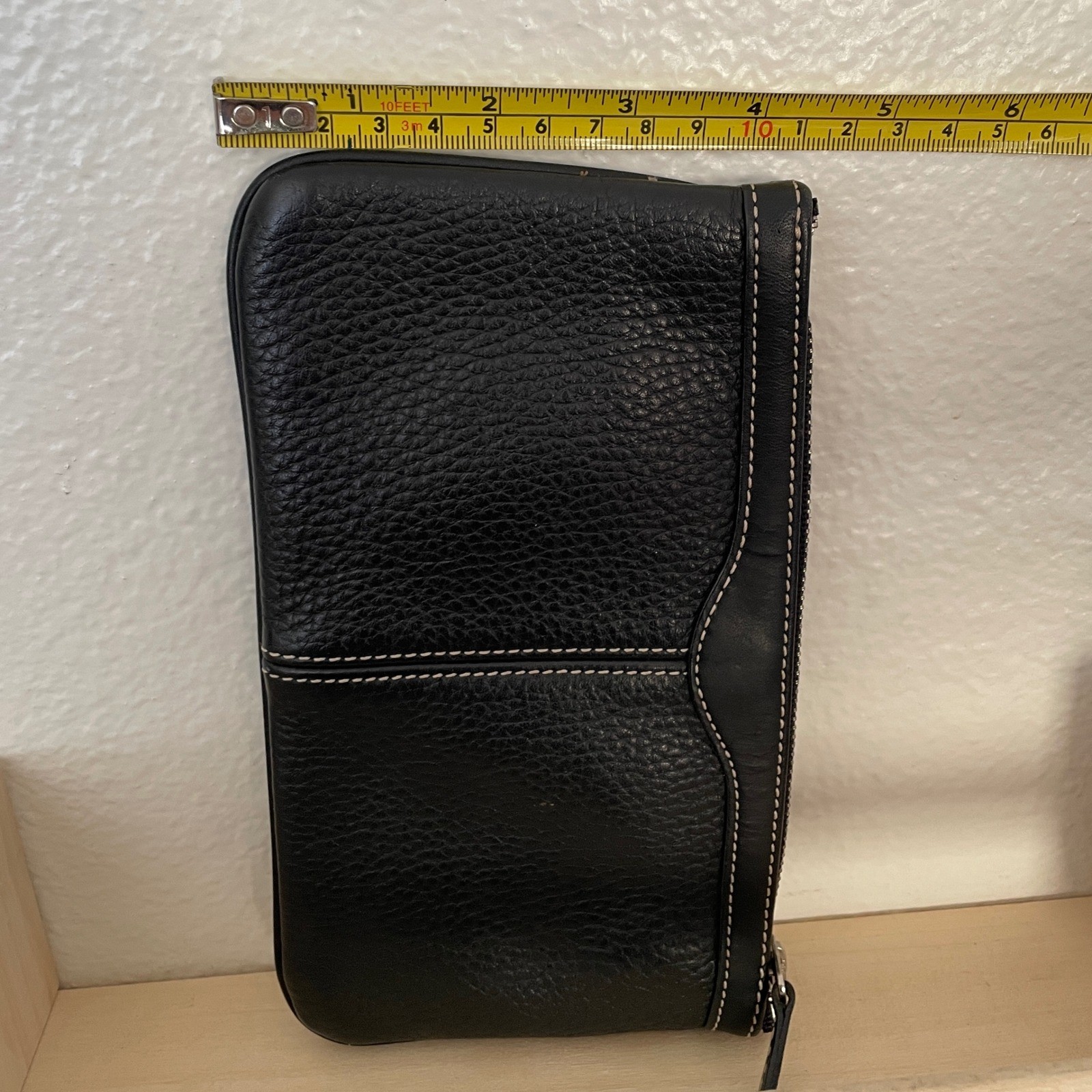 Black Pebbled Leather Zip Pouch with White Contrast Stitching and Key Ring