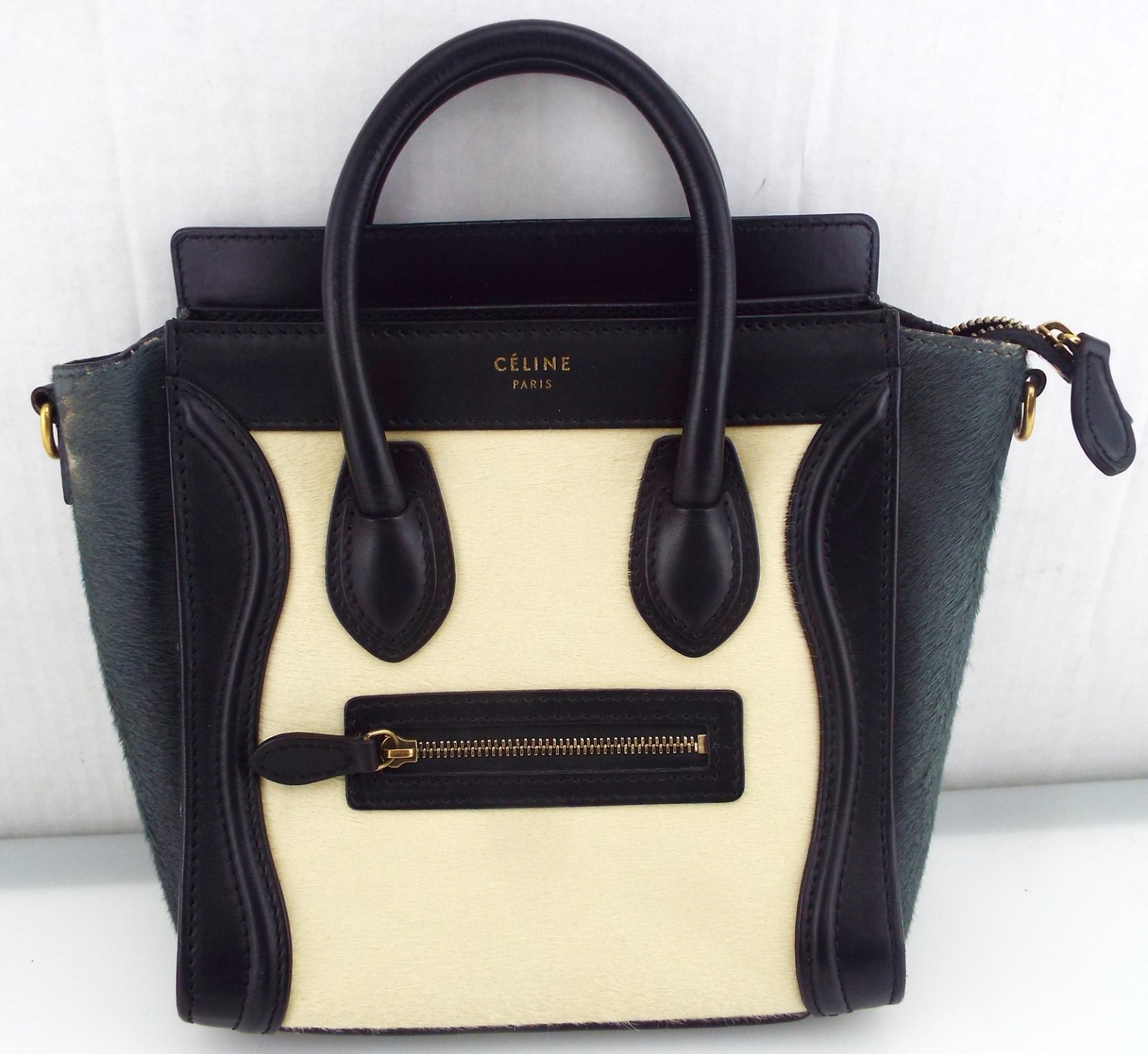 Celine – Tricolor Luggage Nano Bag – Beige Gray Black Calf Hair & Leather ~#6883
