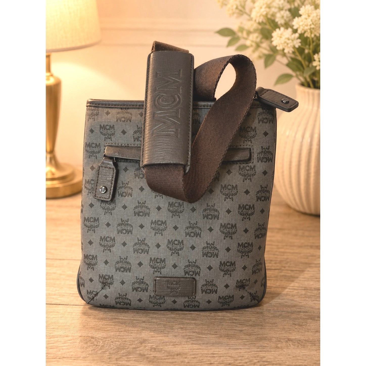 MCM Black Grey Visetos Messenger Crossbody Bag