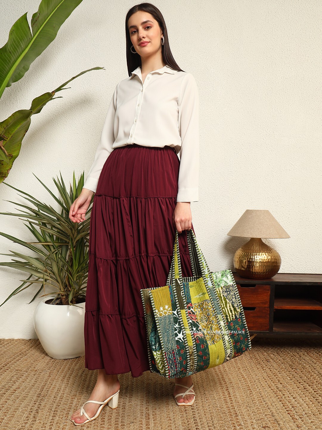 Indian Green Patchwork Quilted Shoulder Bag Women’s Beach Cotton Tote Handbag