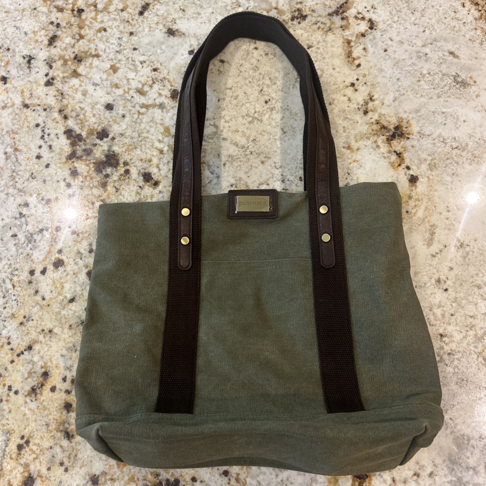 Punctuate Canvas Tote Bag Olive Green Brown Zip Top Front Pocket Lined Travel