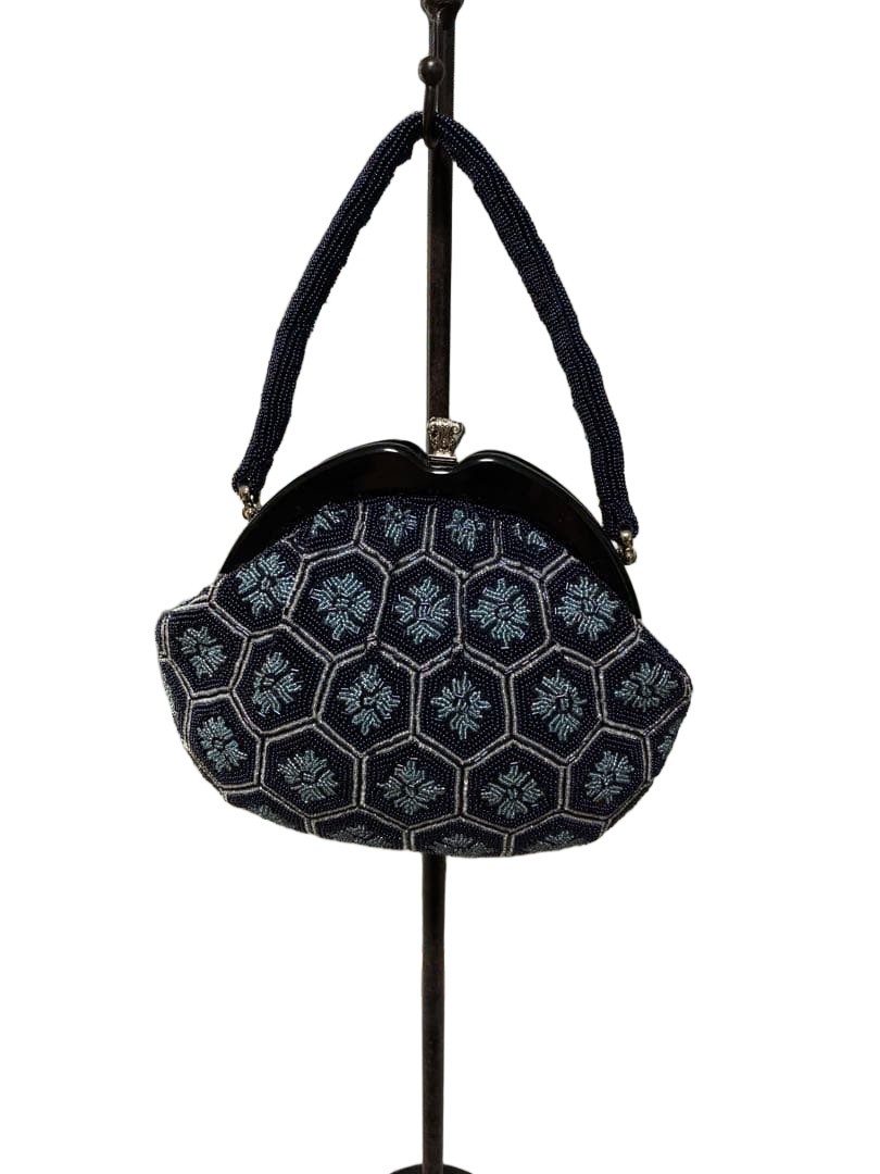 Japanese Style Bead Bag Blue Retro Crossbody Small 7.9 inches