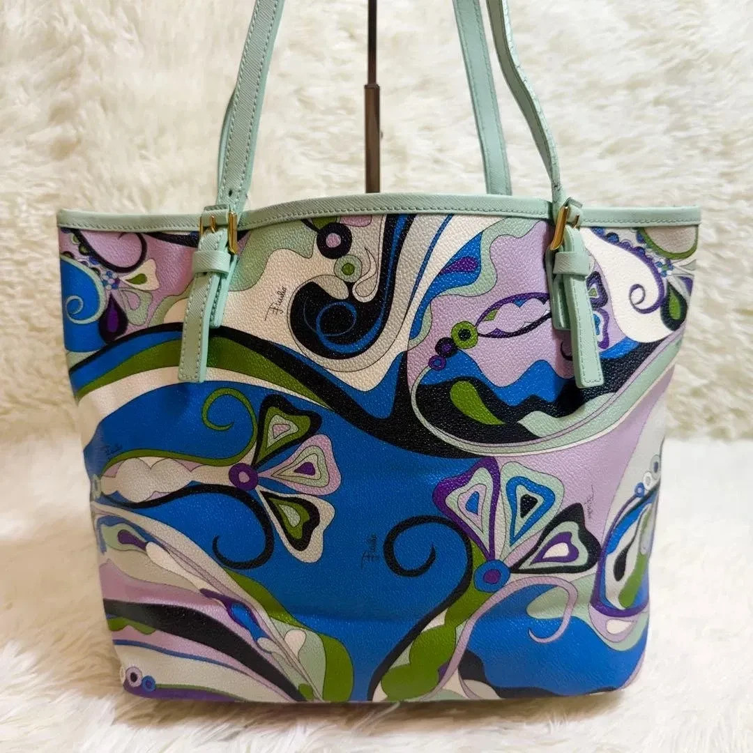 EMILIO PUCCI PVC Tote Bag Geometric Mint Green Purple Blue White 37cm