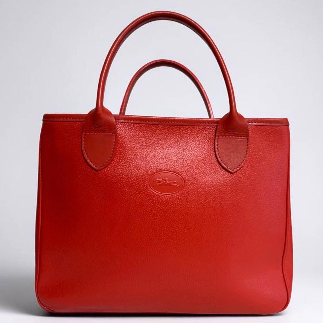 Longchamp Pebbled Leather Tote Red A4 Magnetic Button Embossed Horse Logo Auth