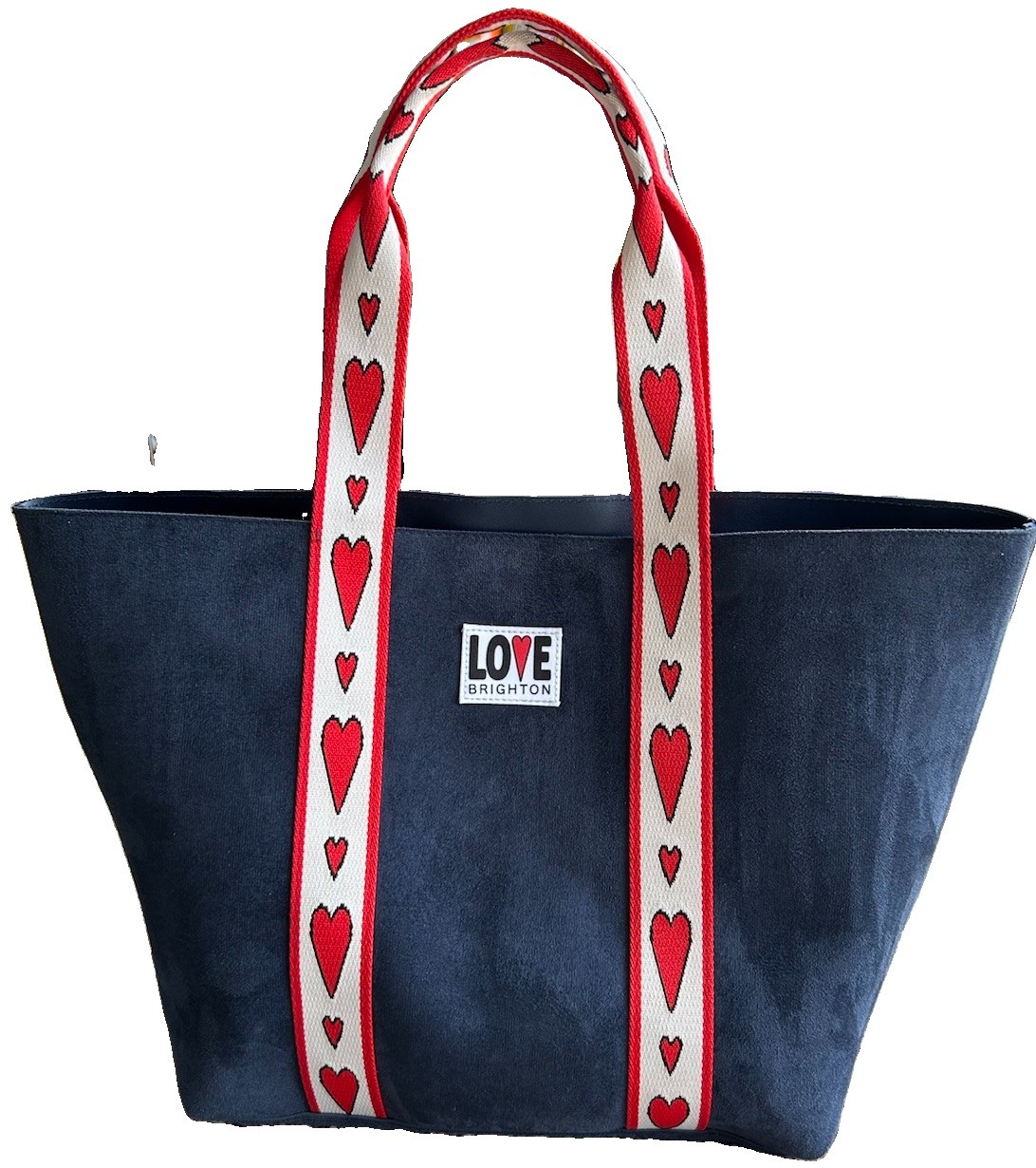 Brighton Love Tote Bag Navy Blue Faux Suede Red Hearts Large Shopper