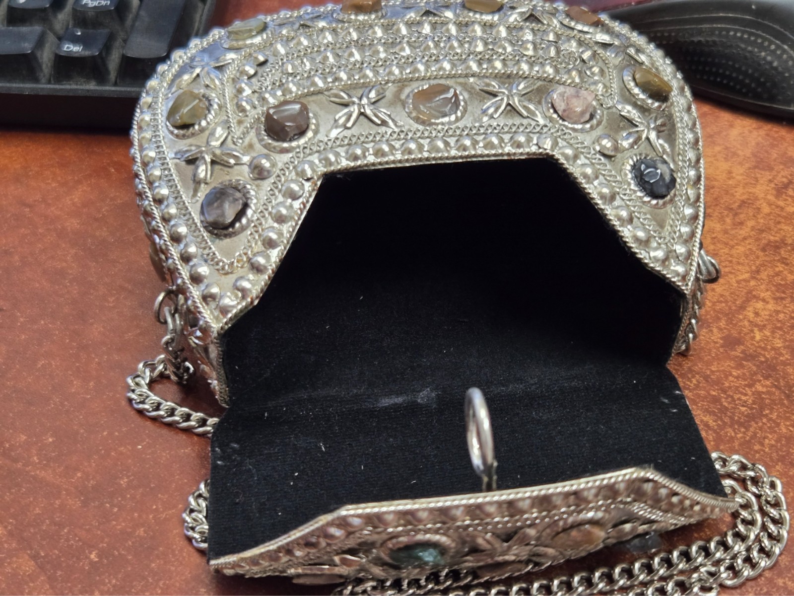 HANDMADE GEMSTONE CLUTCH VINTAGE BRASS METAL PURSE