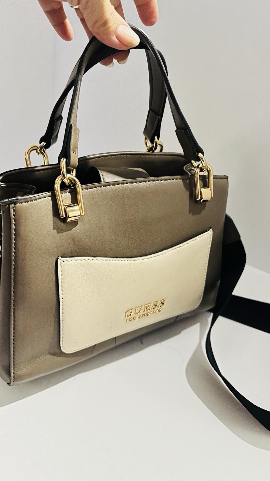 GUESS Gray Cream Colorblock Satchel Top Handle Bag Zip Detachable Strap Gold