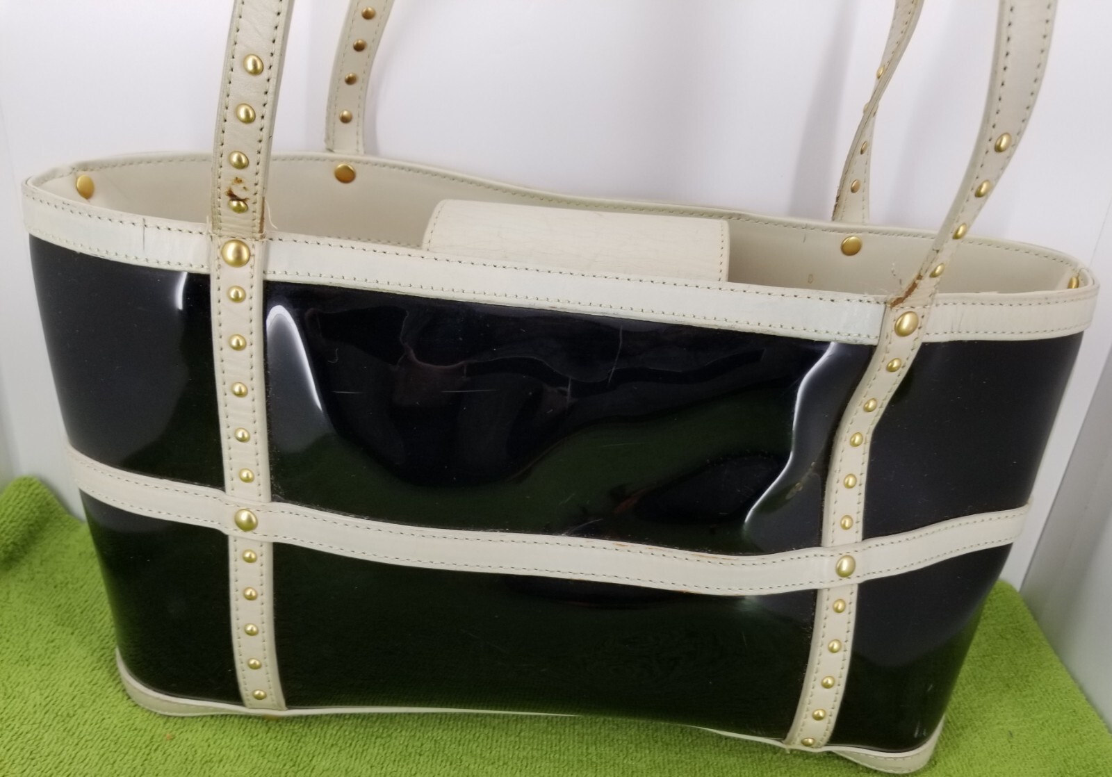 MAXX NEW YORK Black White Handbag Patent Leather Trim & Gold Accents