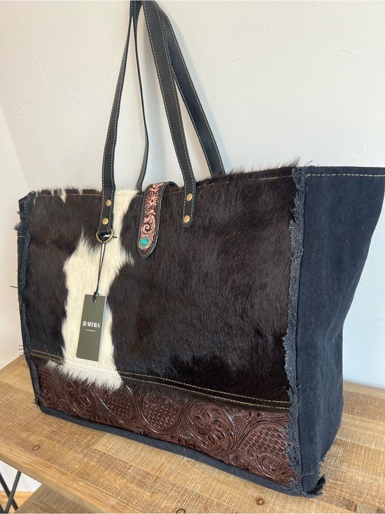 Myra Cowhide Weekender Bag XL Western Leather Travel Duffel Boho Tote Carry On