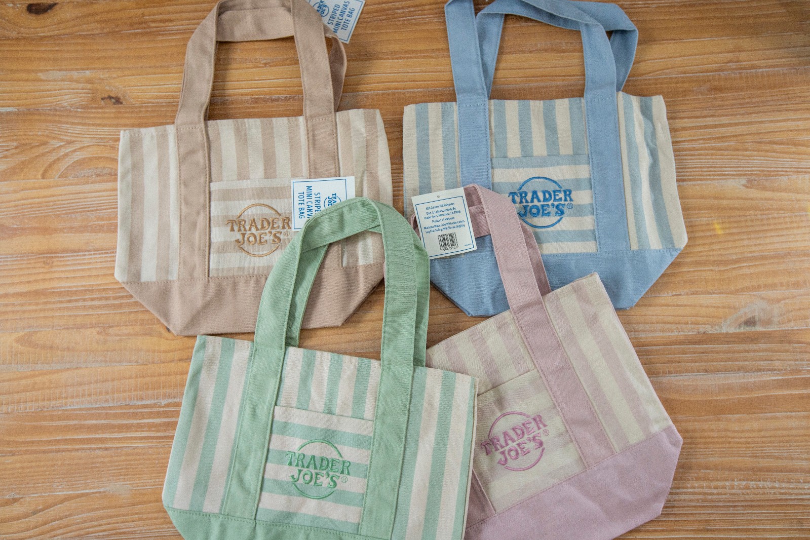 NWT Trader Joes Pastel Stripe Mini Canvas Tote Bag – Limited Edition, 4 Colors