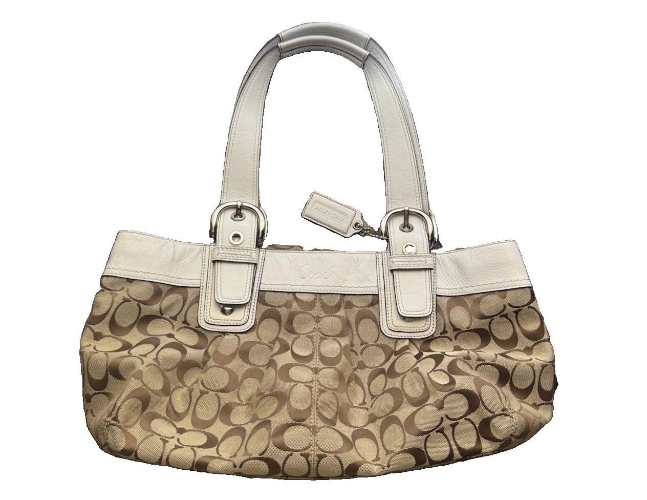 Coach Signature Logo Satchel Top Handle Bag Beige Brown White w/ Charm 𖦹