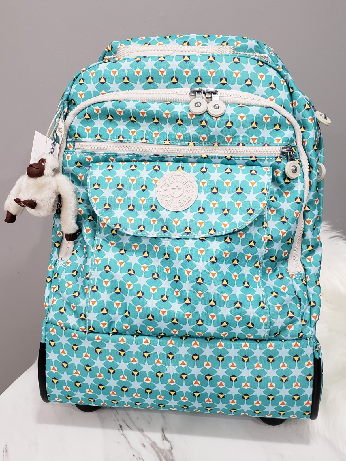 NEW kipling Sanaa Rolling backpack TRAVEL CARRY ON LUGGAGE CLOVER TEAL Wheels