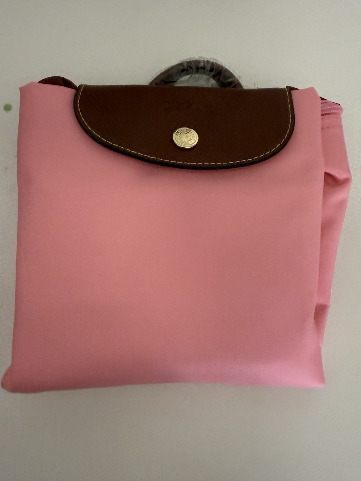 Longchamp Le Pliage Pink Backpack Brown Leather Trim Zip Snap Gold Hardware